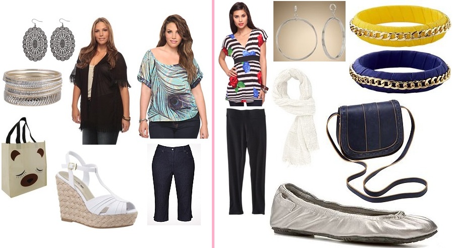 Forever21- Peacock Feather Print Top $14.80, Fringe Trim Cardy $24.80, Teddy Bear Tote $1.50, Medallion Earrings $2.80, Bangles $4.80, Dress Barn- Jegging Capris $29.99, Payless- Miles Esapdrille Wedges $19.99 / Forever 21- Striped Rose Tunic $17.80, Frayed Scarf $6.80, Target- Mossimo Capri Leggings $8.00, DSW- Ciao Bella Ballad Flats $19.94, Old Navy- Crossbody Saddle Purse $11.99, Satin Covered Bracelet $10.50ea, Kohl's- Jennifer Lopez Silver Hoop Earrings $13.50.