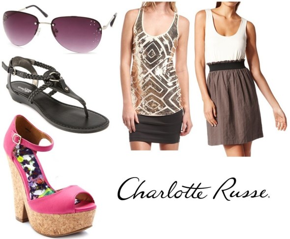 Charlotte Russe - Aviators $2.50, Braided Sandal in black $10.00, Peep Toe Wedge in pink $15.00, Sequin Tank in gold $7.50, Zipper Back Dress $15.00.