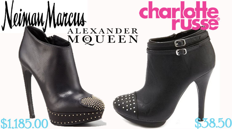 Neiman Marcus - Alexander McQueen Studded Heart-Toe Platform Bootie $1185.00, Charlotte Russe - Studded Double Buckle Heel Bootie $38.50.