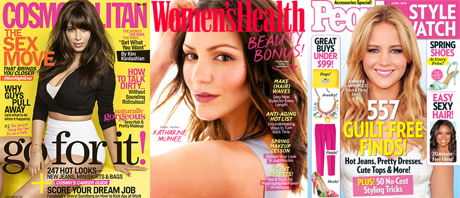 Kim Kardashian for Cosmopolitan, Katharine McPhee for Women's Health, & Jennifer Lawrence for People Style Watch April 2013.