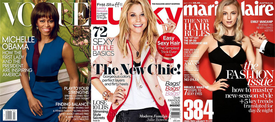 Michelle Obama for Vogue, Julie Bowen for Lucky, & Emily VanCamp for Marie Claire Australia April 2013.