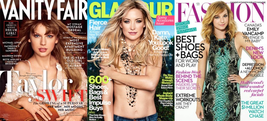 Taylor Swift for Vanity Fair, Kate Hudson for Glamour, Emily VanCamp for Fashion April 2013.