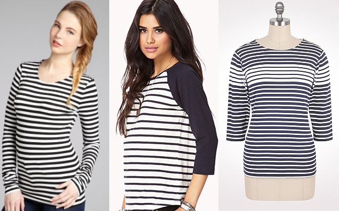 Bluefly - Alice + Olivia striped long sleeve top $40.97. Forever 21 - Striped baseball tee $12.80. Dress Barn - Striped button shoulder top $34.00.