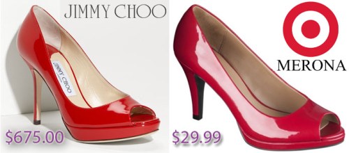 Neiman Marcus - Jimmy Choo peep toe pumps in red $625.00, Target - Merona peep toe pumps in red $29.99.