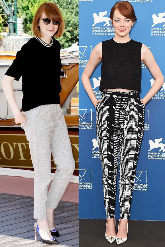 Emma Stone in a black top & Sandro pants at the Venice Film Festival. Emma Stone in Proenza Schouler separates at The Birdman photocall.