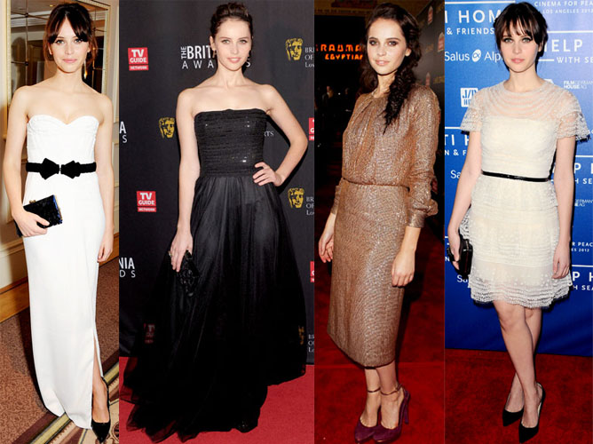 Felicity Jones in Burberry Prorsum, Moschino, Chloe, & Dolce & Gabbana.