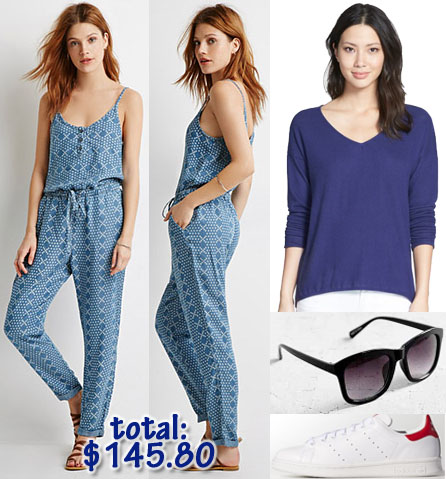 Darling of the Day look: Forever 21 @Jumpsuit $34.90, Sweater @Nordstrom $19.90, Sneakers @Adidas $75.00, & Sunglasses @Urban Outfitters $16.00.