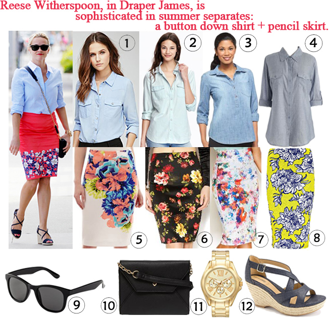 Darling of the Day - Reese Witherspoon in Draper James. 1. snap button down skirt ($19.90) in blue @Forever 21, 2. chambray shirt ($15.00) in light wash @Old Navy, 4. short sleeve shirt ($23.99) in blue @ModCloth, 3. chambray shirt ($22.99) @Target, 5. Worthington pencil skirt ($12.99) in multi @JC Penney, 6. floral pencil skirt ($22.00) in black floral @Shoptiques, 7. Thalia Sodi floral pencil skirt ($29.99) in blue combo @Macy's, 8. floral midi pencil skirt ($16.00) in yellow floral @Boohoo, 9. sunglasses ($3.00) in black @H&M, 10. heart crossbody bag ($17.00) in black @Dorothy Perkins, 11. bangle watch ($11.99) in gold @Kohl's, & 12. platform wedges ($25.99) in navy @Kohl's.