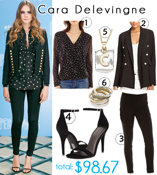 Darling of the Day - Cara Delevingne in an Equipment star-print ruffled blouse with a Saint Laurent blazer blazer, black skinny pants, initial pendants, & black ankle strap sandals at the London photo call for Paper Towns.