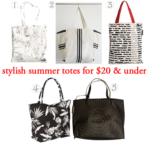 Stylish Summer Totes for $20 & Under. 1. patterned tote ($9.95) @H&M, 2. striped textured cotton tote ($10.43) in cream / black @Forever 21, 3. banned books tote bag ($18.00) @Uncommon Goods, 4. tropical print tote ($19.00) in white palm print @Old Navy, & 5. reversible lasercut tote bag ($19.49) @Swell. 