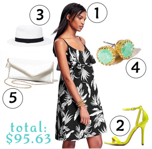 The $100 Challenge: dress ($30.00) in black / white @Old Navy, heels ($25.00) in lemon @Charlotte Russe, hat ($12.90) in white / black @Forever 21, studs ($8.99) @Francesca's, & clutch ($14.75) in ivory @Dress Barn.