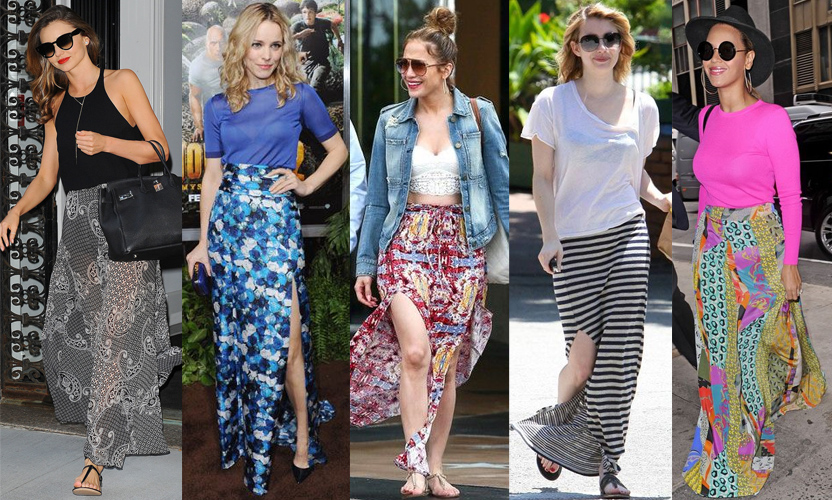 Miranda Kerr, Rachel McAdams, Jennifer Lopez, Emma Roberts, & Beyonce in maxi skirts.